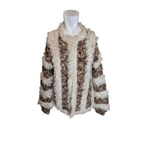 Vintage Boho 70s Fringe Coatigan Oversized Cardigan Sweater Jacket Cream Sz S/M